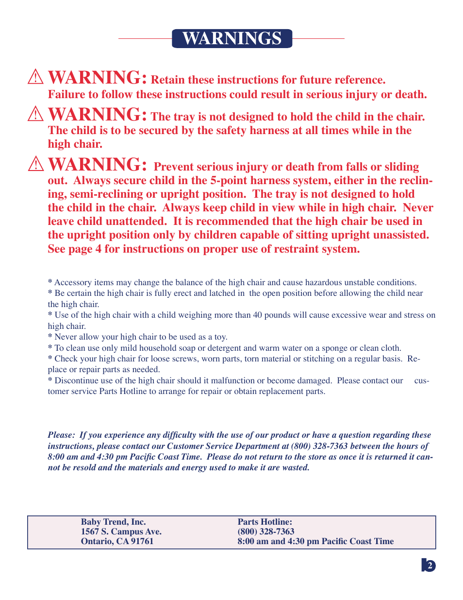 Warning, Warnings | BabyTrend 8836 - PALM TREE HIGH CHAIR User Manual | Page 2 / 6