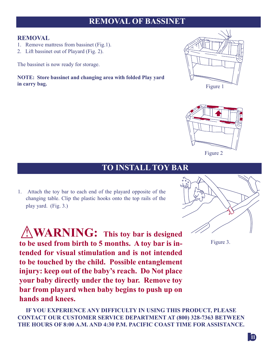 Warning, Removal of bassinet | BabyTrend 8166BC - SAFARI BABIES NURSERY CENTER User Manual | Page 11 / 11