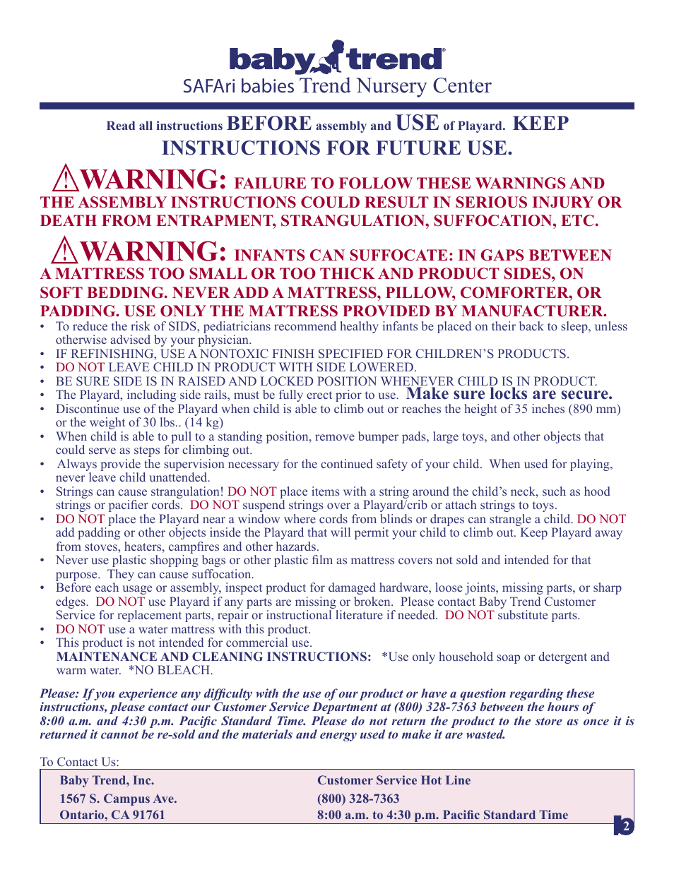 Warning, Trend nursery center, Before | Keep instructions for future use, Safari babies, Make sure locks are secure | BabyTrend 8166BC - SAFARI BABIES NURSERY CENTER User Manual | Page 2 / 11