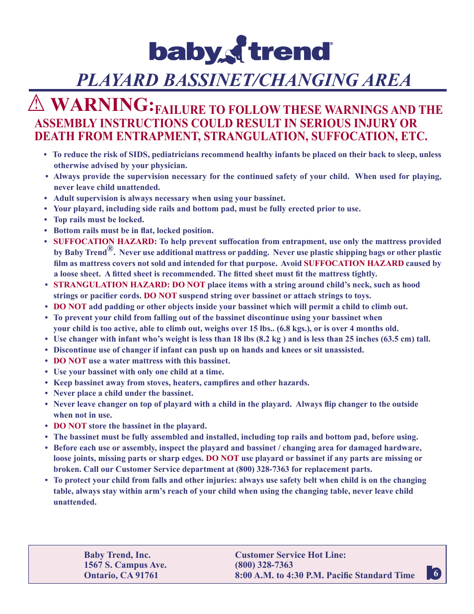 Warning, Playard bassinet/changing area | BabyTrend 8166BC - SAFARI BABIES NURSERY CENTER User Manual | Page 6 / 11