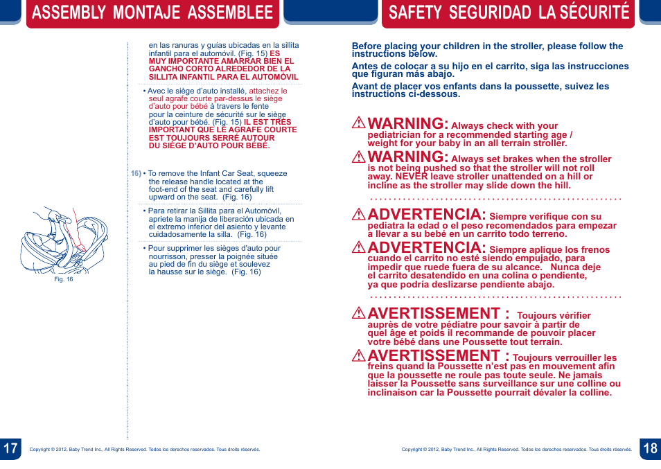 Assembly montaje assemblee, Safety seguridad la sécurité, Warning | Advertencia, Avertissement | BabyTrend JG99711 - RANGE JOGGER- LIBERTY User Manual | Page 10 / 16