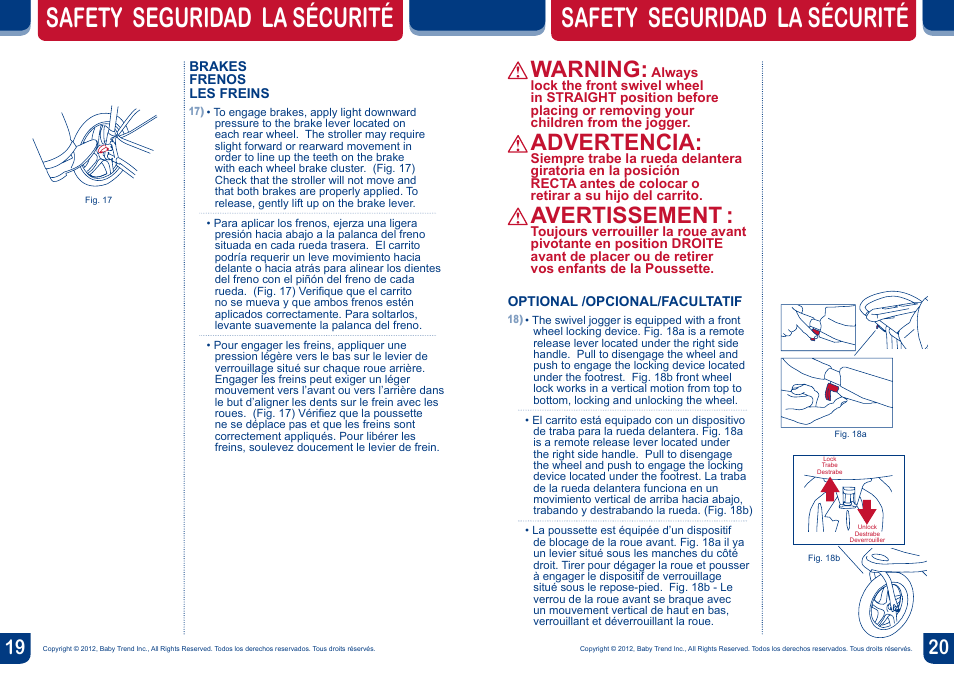 Safety seguridad la sécurité, Warning, Advertencia | Avertissement | BabyTrend JG99711 - RANGE JOGGER- LIBERTY User Manual | Page 11 / 16