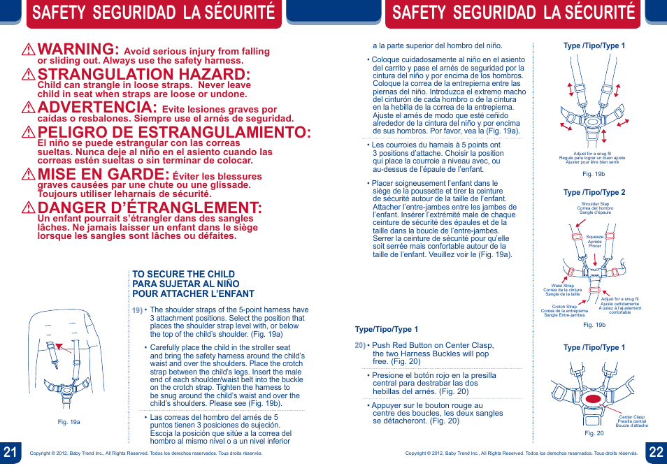 Safety seguridad la sécurité, Warning, Strangulation hazard | Advertencia, Peligro de estrangulamiento, Mise en garde, Danger d’étranglement | BabyTrend JG99711 - RANGE JOGGER- LIBERTY User Manual | Page 12 / 16