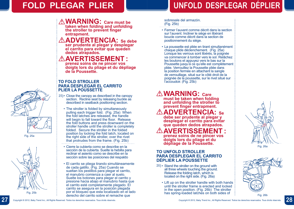 Unfold desplegar déplier, Fold plegar plier, Warning | Advertencia, Avertissement | BabyTrend JG99711 - RANGE JOGGER- LIBERTY User Manual | Page 15 / 16