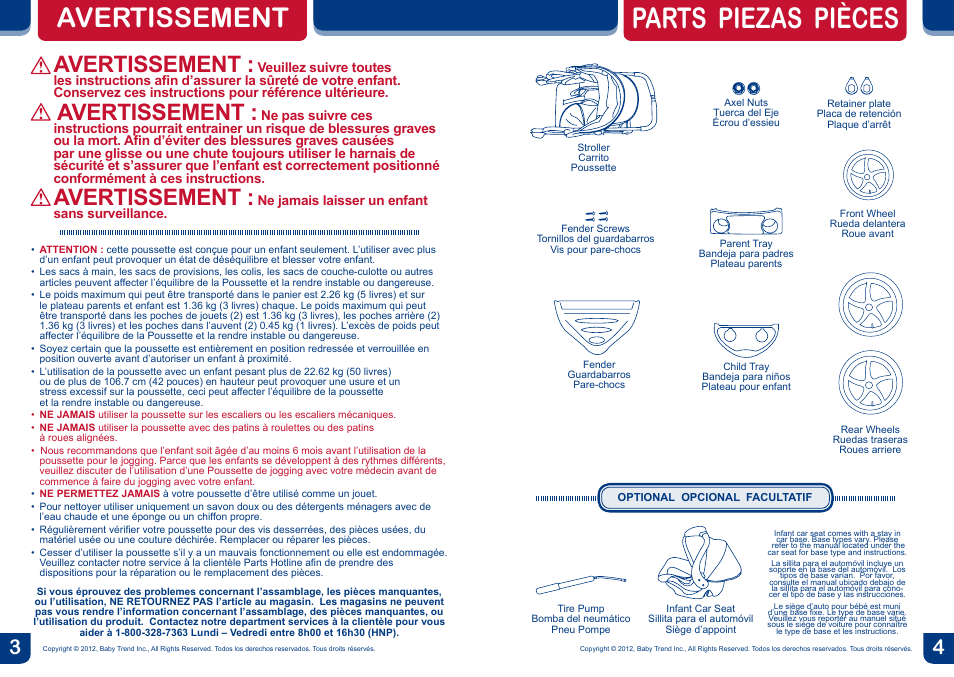 Parts piezas pièces, Avertissement | BabyTrend JG99711 - RANGE JOGGER- LIBERTY User Manual | Page 3 / 16