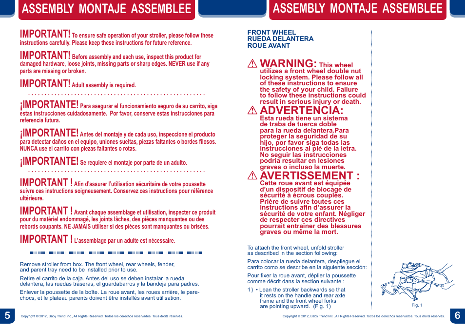 Assembly montaje assemblee, Important, Importante | Warning, Advertencia, Avertissement | BabyTrend JG99711 - RANGE JOGGER- LIBERTY User Manual | Page 4 / 16