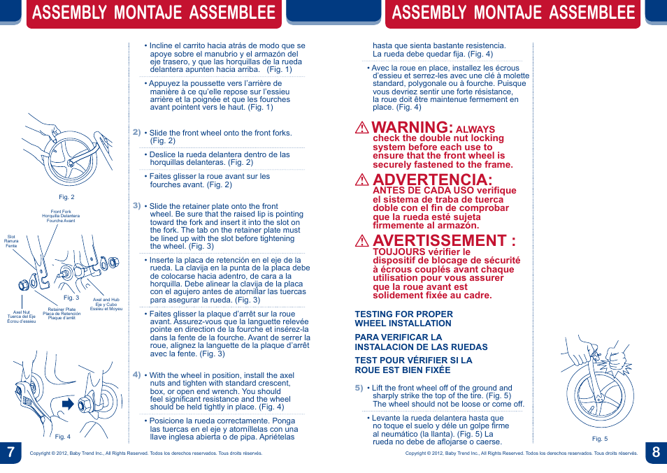 Assembly montaje assemblee, Warning, Advertencia | Avertissement | BabyTrend JG99711 - RANGE JOGGER- LIBERTY User Manual | Page 5 / 16