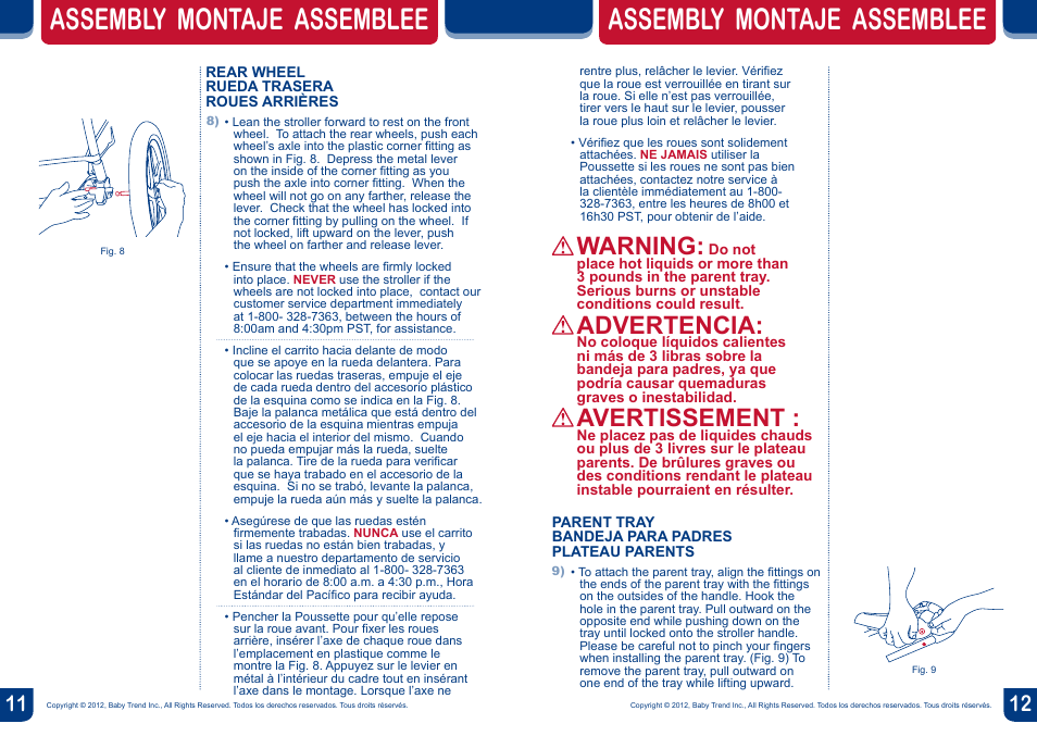Assembly montaje assemblee, Warning, Advertencia | Avertissement | BabyTrend JG99711 - RANGE JOGGER- LIBERTY User Manual | Page 7 / 16