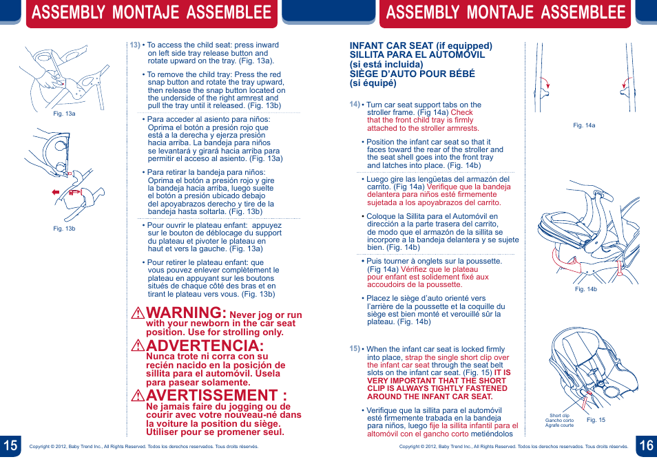 Assembly montaje assemblee, Warning, Advertencia | Avertissement | BabyTrend JG99711 - RANGE JOGGER- LIBERTY User Manual | Page 9 / 16