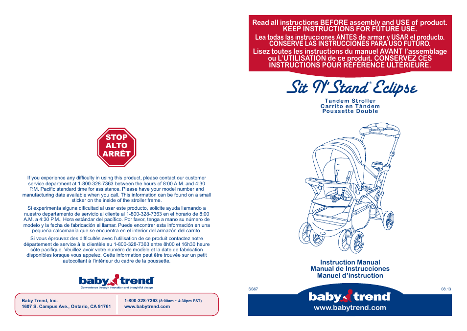 BabyTrend SS67718 - SIT N' STAND ECLIPSE STROLLER- EDGE User Manual | 16 pages