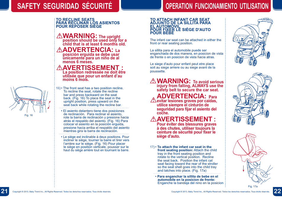 Warning, Safety seguridad sécurité, Operation funcionamiento utilisation | Advertencia, Avertissement | BabyTrend SS67718 - SIT N' STAND ECLIPSE STROLLER- EDGE User Manual | Page 12 / 16