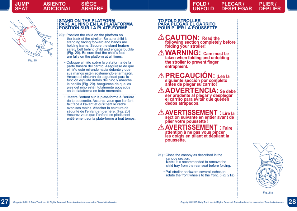 Warning, Caution, Precaución | Advertencia, Avertissement | BabyTrend SS67718 - SIT N' STAND ECLIPSE STROLLER- EDGE User Manual | Page 15 / 16