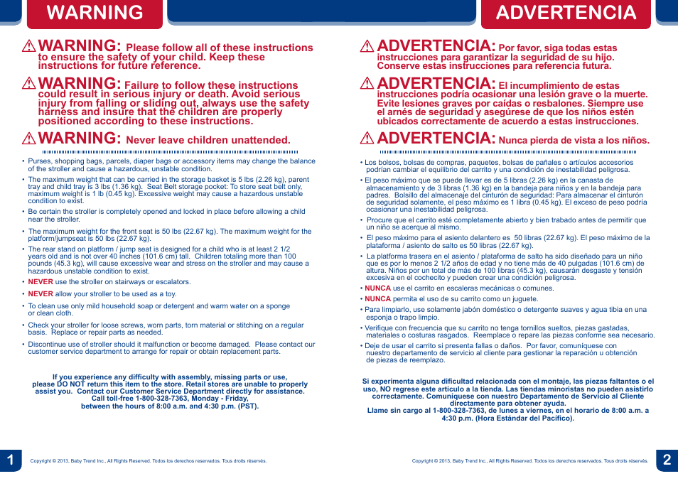 Warning, Advertencia | BabyTrend SS67718 - SIT N' STAND ECLIPSE STROLLER- EDGE User Manual | Page 2 / 16