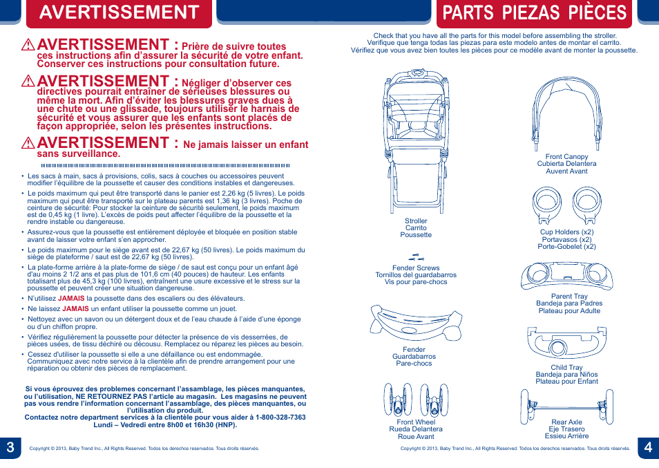 Parts piezas pièces, Avertissement | BabyTrend SS67718 - SIT N' STAND ECLIPSE STROLLER- EDGE User Manual | Page 3 / 16