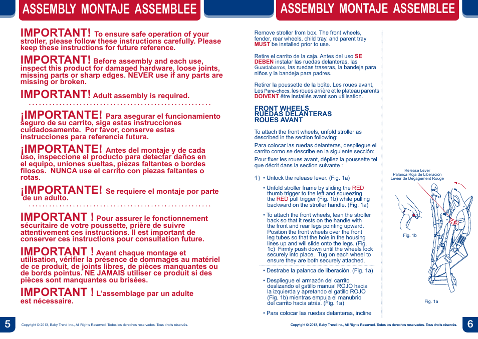 Warning, Assembly montaje assemblee, Important | Importante | BabyTrend SS67718 - SIT N' STAND ECLIPSE STROLLER- EDGE User Manual | Page 4 / 16