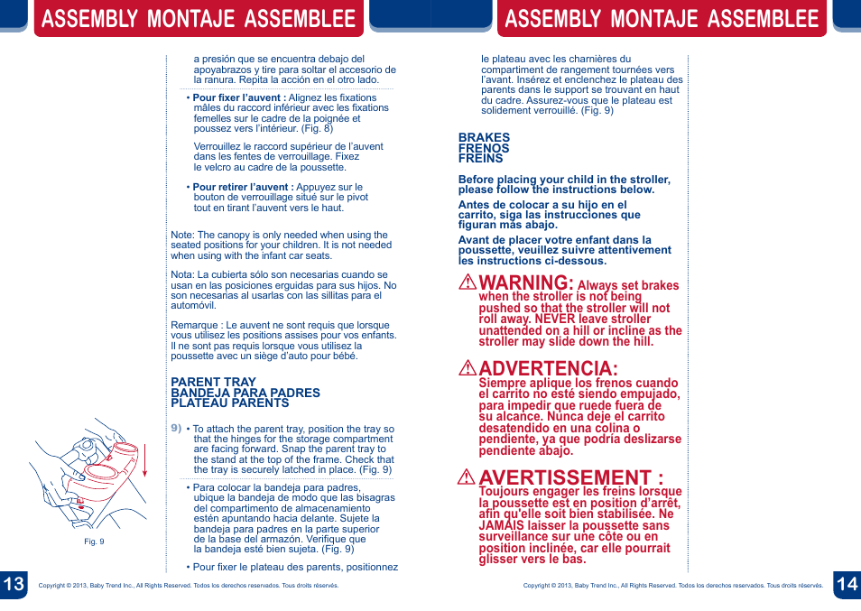 Assembly montaje assemblee, Warning, Advertencia | Avertissement | BabyTrend SS67718 - SIT N' STAND ECLIPSE STROLLER- EDGE User Manual | Page 8 / 16