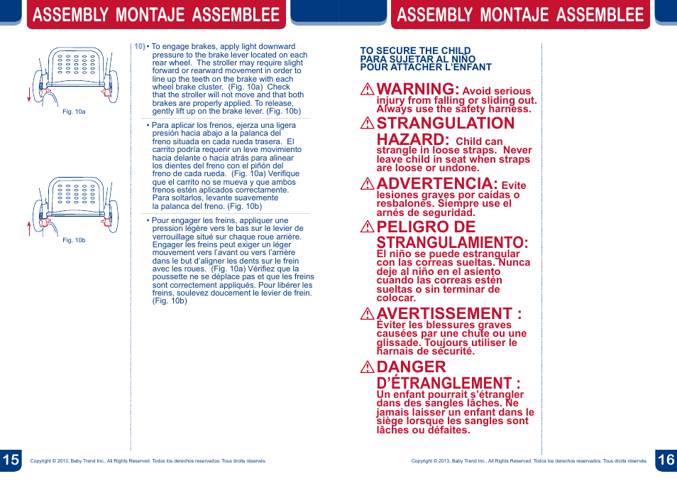 Assembly montaje assemblee, Warning, Strangulation hazard | Advertencia, Peligro de strangulamiento, Avertissement, Danger d’étranglement | BabyTrend SS67718 - SIT N' STAND ECLIPSE STROLLER- EDGE User Manual | Page 9 / 16