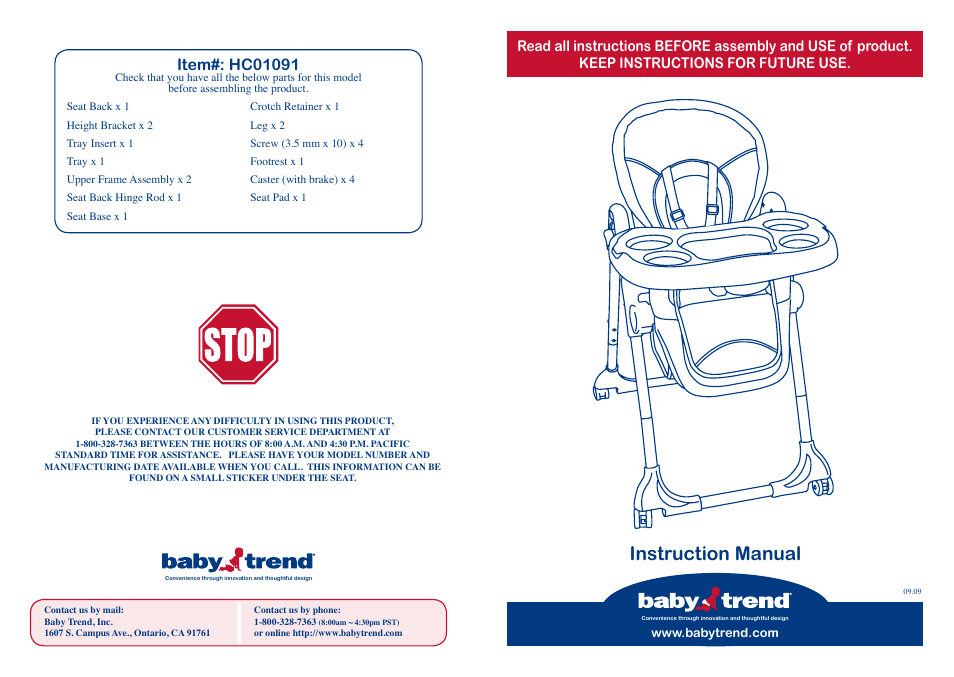 BabyTrend HC01091 - TREND HIGH CHAIR - MESA User Manual | 6 pages