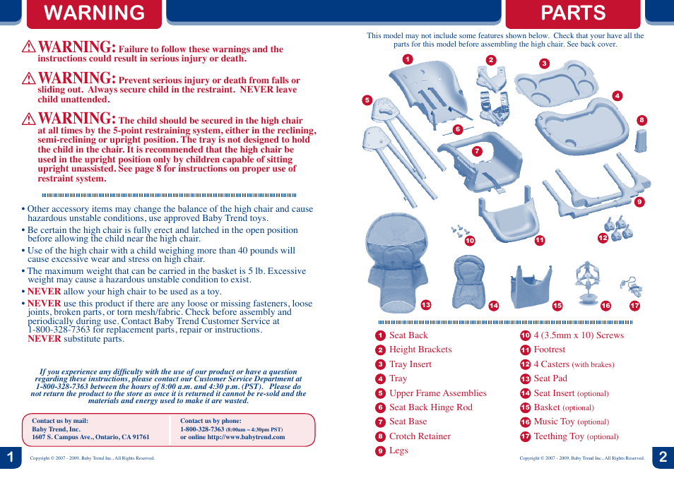 Warning, Parts | BabyTrend HC01091 - TREND HIGH CHAIR - MESA User Manual | Page 2 / 6