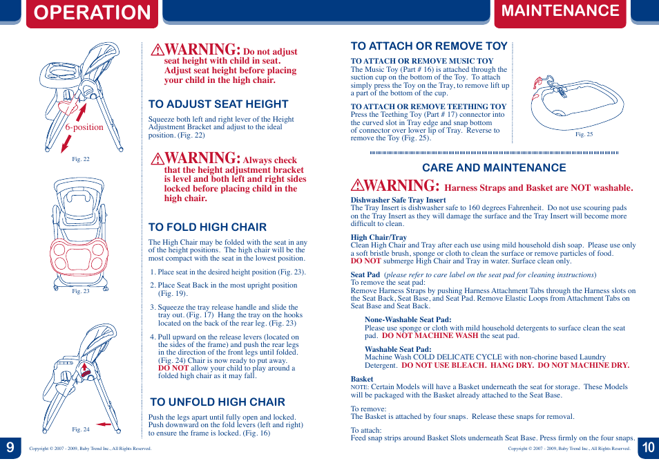 Operation, Warning, Maintenance | BabyTrend HC01091 - TREND HIGH CHAIR - MESA User Manual | Page 6 / 6