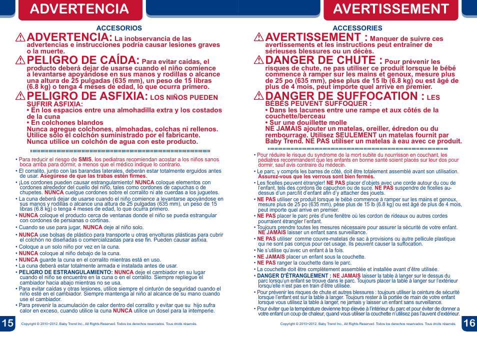 Advertencia, Avertissement, Peligro de caída | Peligro de asfixia, Danger de chute, Danger de suffocation | BabyTrend PY87029 - DELUXE NURSERY CENTER - GABRIELLA User Manual | Page 9 / 20