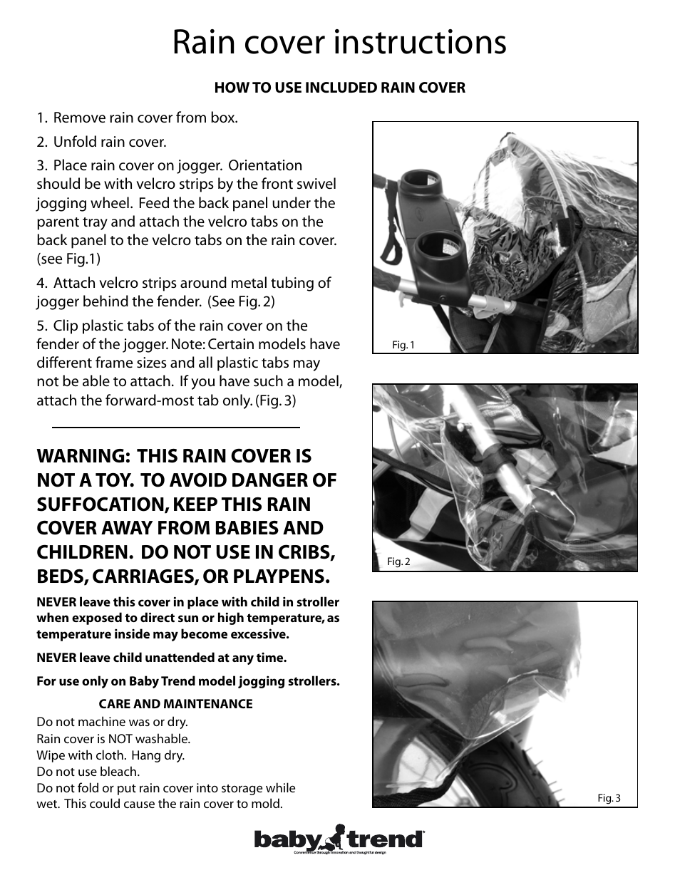 BabyTrend RH30000 - RAIN COVER FOR SINGLE JOGGER User Manual | 1 page