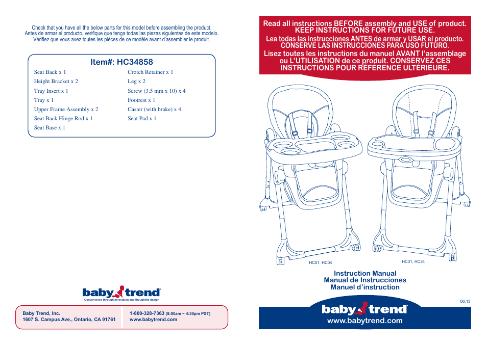 BabyTrend HC34858 - TEMPO HIGH CHAIR - MOONLIGHT User Manual | 14 pages