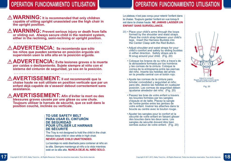 Operation funcionamiento utilisation, Warning, Advertencia | Avertissement | BabyTrend HC34858 - TEMPO HIGH CHAIR - MOONLIGHT User Manual | Page 10 / 14