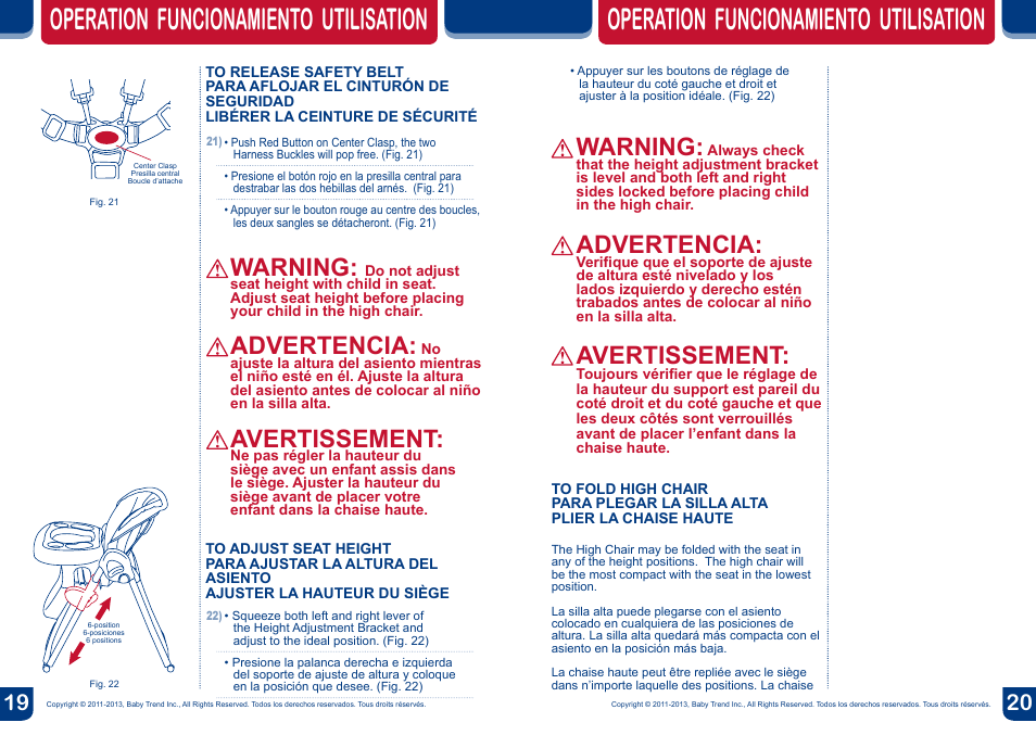 Operation funcionamiento utilisation, Warning, Advertencia | Avertissement | BabyTrend HC34858 - TEMPO HIGH CHAIR - MOONLIGHT User Manual | Page 11 / 14