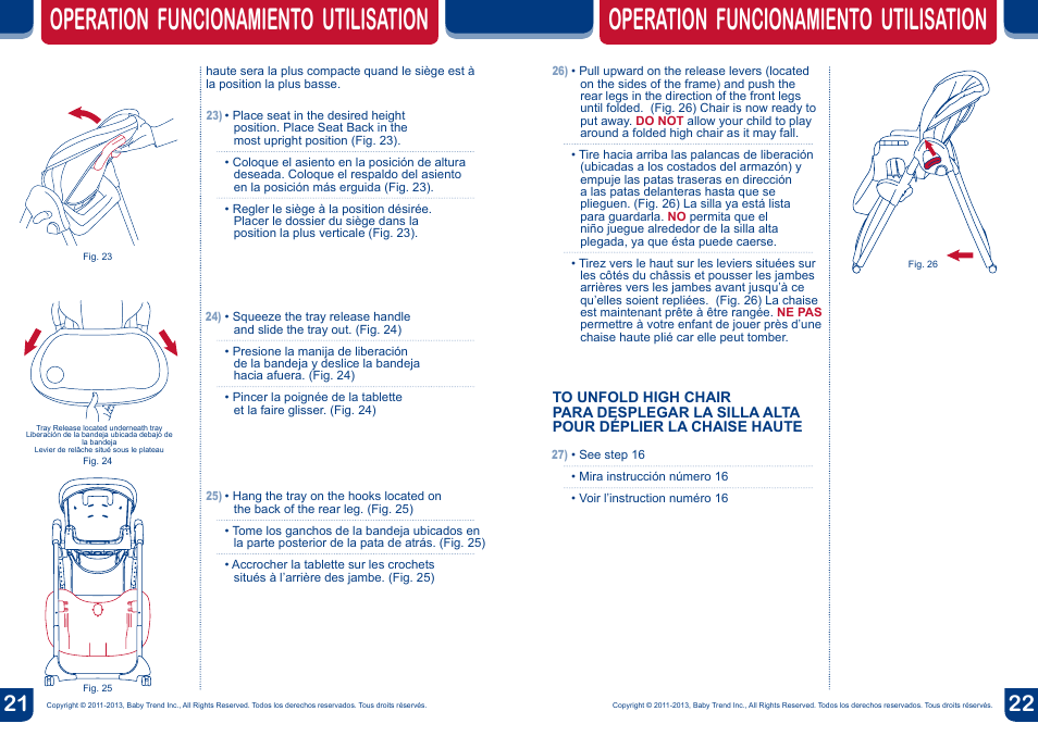Operation funcionamiento utilisation | BabyTrend HC34858 - TEMPO HIGH CHAIR - MOONLIGHT User Manual | Page 12 / 14