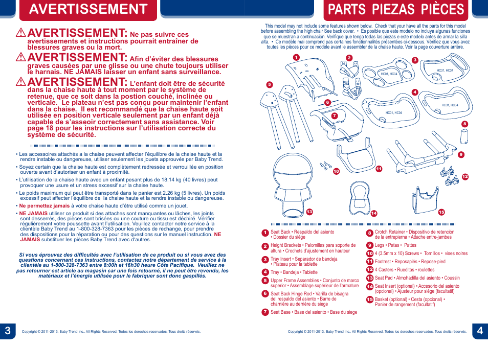 Parts piezas pièces, Avertissement | BabyTrend HC34858 - TEMPO HIGH CHAIR - MOONLIGHT User Manual | Page 3 / 14