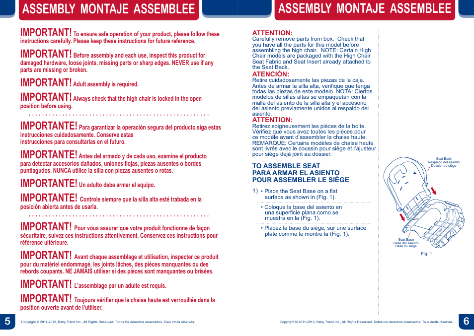 Assembly montaje assemblee, Important, Importante | BabyTrend HC34858 - TEMPO HIGH CHAIR - MOONLIGHT User Manual | Page 4 / 14