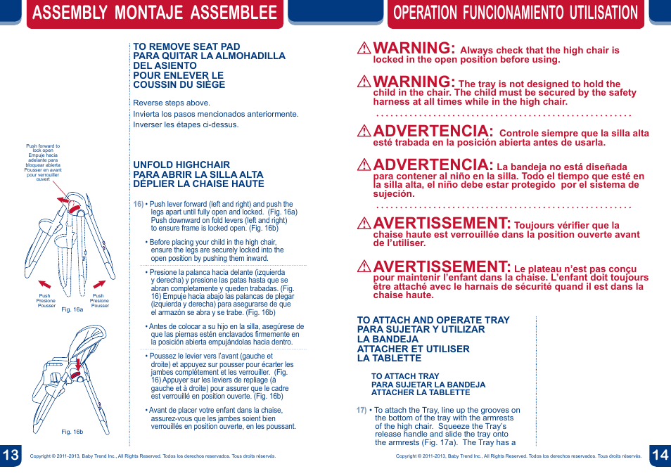 Warning, Advertencia, Avertissement | BabyTrend HC34858 - TEMPO HIGH CHAIR - MOONLIGHT User Manual | Page 8 / 14