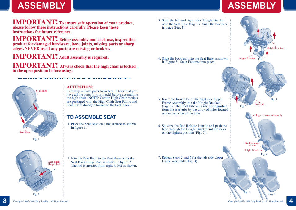 Assembly, Important | BabyTrend HC01428 - TREND HIGH CHAIR - MOJITO User Manual | Page 3 / 6