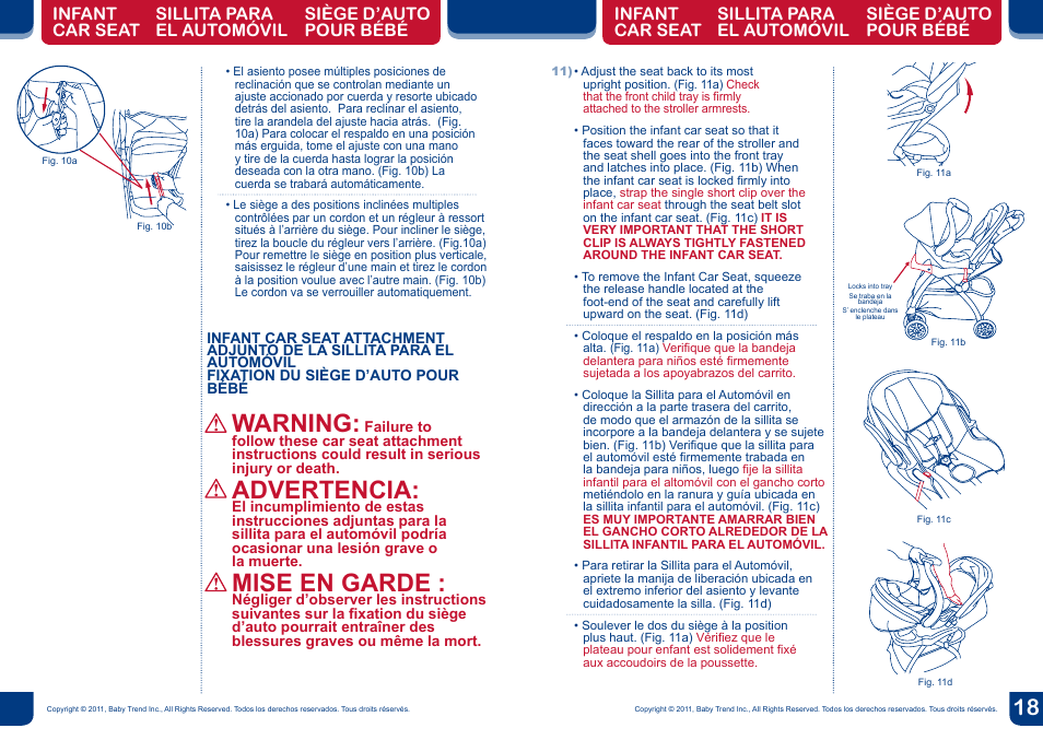 Warning, Advertencia, Mise en garde | BabyTrend TS26901 - VENTURE LX TRAVEL SYSTEM - MAXIMILIAN User Manual | Page 10 / 12