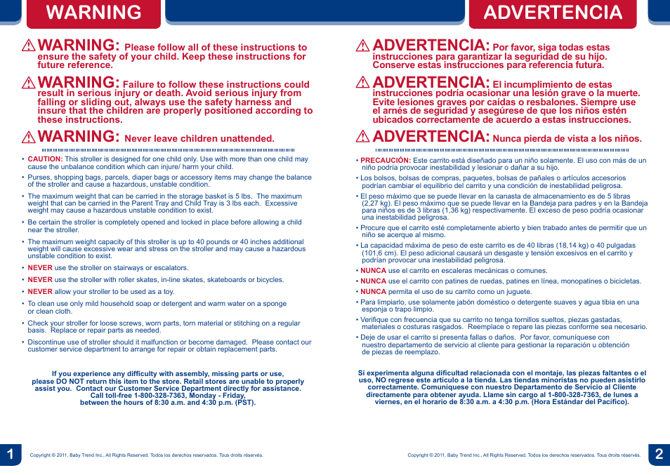 Warning, Advertencia | BabyTrend TS26901 - VENTURE LX TRAVEL SYSTEM - MAXIMILIAN User Manual | Page 2 / 12