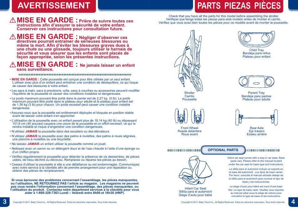 Parts piezas pièces, Avertissement, Mise en garde | BabyTrend TS26901 - VENTURE LX TRAVEL SYSTEM - MAXIMILIAN User Manual | Page 3 / 12