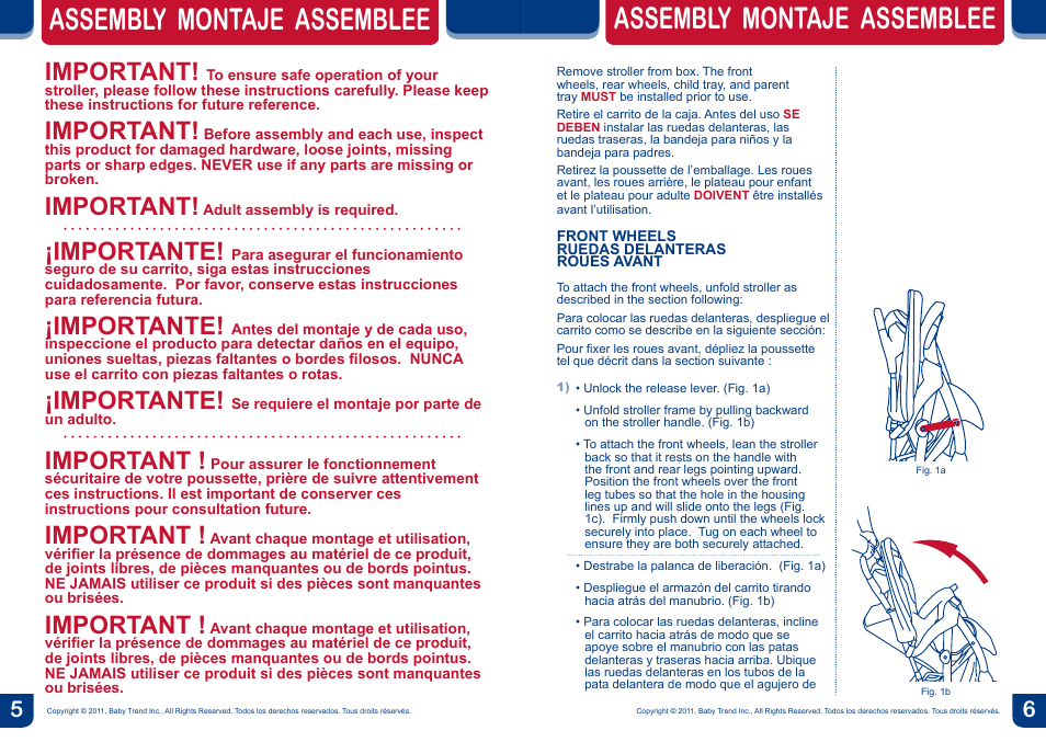 Assembly montaje assemblee, Important, Importante | BabyTrend TS26901 - VENTURE LX TRAVEL SYSTEM - MAXIMILIAN User Manual | Page 4 / 12