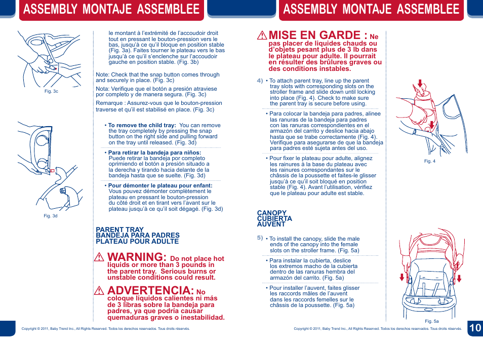 Assembly montaje assemblee, Mise en garde, Warning | Advertencia | BabyTrend TS26901 - VENTURE LX TRAVEL SYSTEM - MAXIMILIAN User Manual | Page 6 / 12