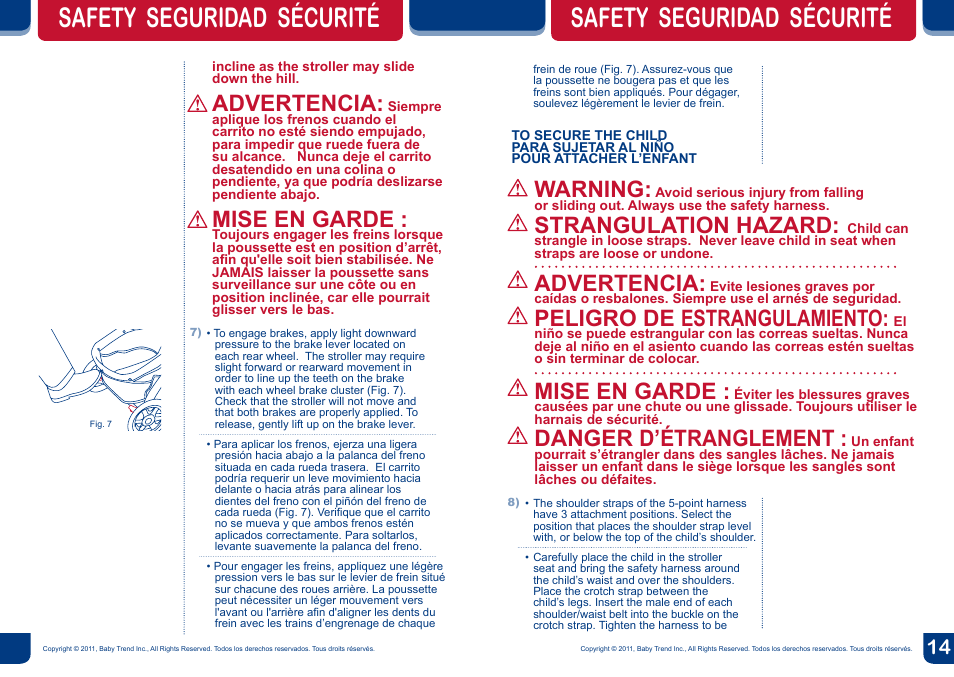 Safety seguridad sécurité, Advertencia, Mise en garde | Warning, Strangulation hazard, Peligro de estrangulamiento, Danger d’étranglement | BabyTrend TS26901 - VENTURE LX TRAVEL SYSTEM - MAXIMILIAN User Manual | Page 8 / 12