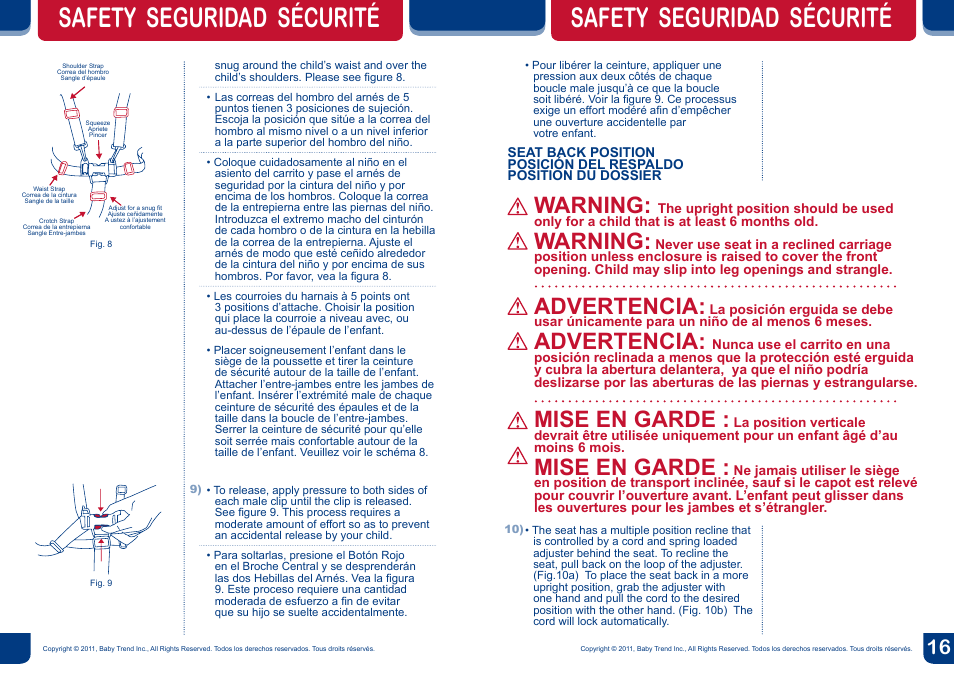 Safety seguridad sécurité, Warning, Advertencia | Mise en garde | BabyTrend TS26901 - VENTURE LX TRAVEL SYSTEM - MAXIMILIAN User Manual | Page 9 / 12