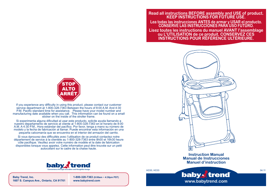 BabyTrend HC00956 - TREND HIGH CHAIR - VICTORIA User Manual | 14 pages