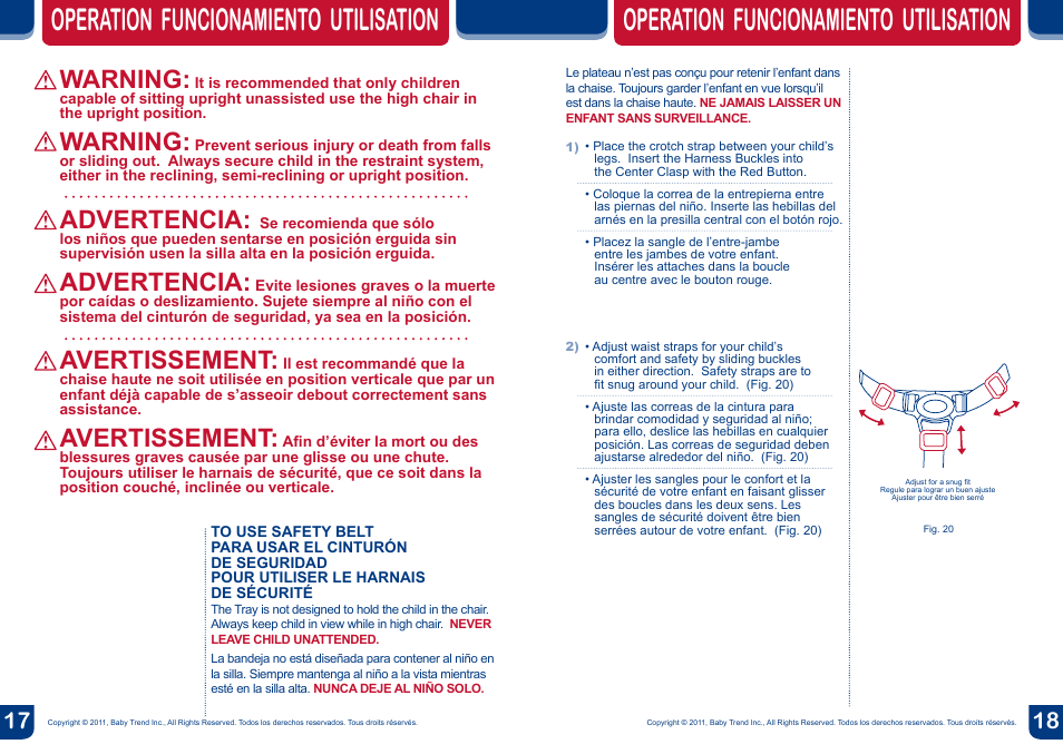 Operation funcionamiento utilisation, Warning, Advertencia | Avertissement | BabyTrend HC00956 - TREND HIGH CHAIR - VICTORIA User Manual | Page 10 / 14