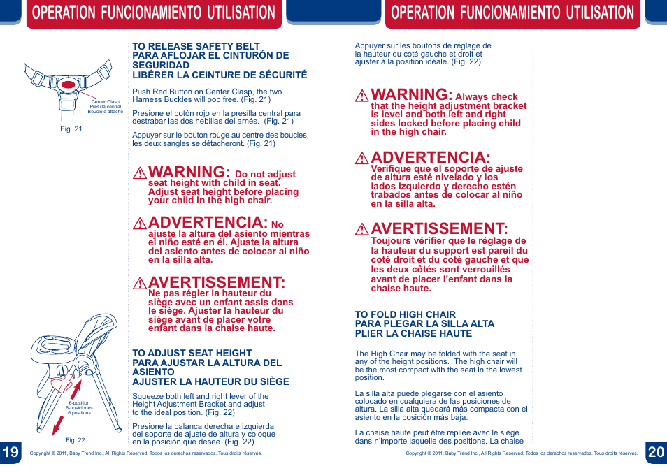 Operation funcionamiento utilisation, Warning, Advertencia | Avertissement | BabyTrend HC00956 - TREND HIGH CHAIR - VICTORIA User Manual | Page 11 / 14