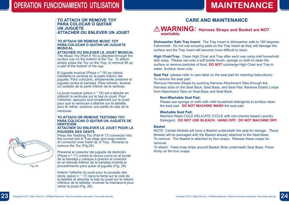 Maintenance operation funcionamiento utilisation, Warning | BabyTrend HC00956 - TREND HIGH CHAIR - VICTORIA User Manual | Page 13 / 14