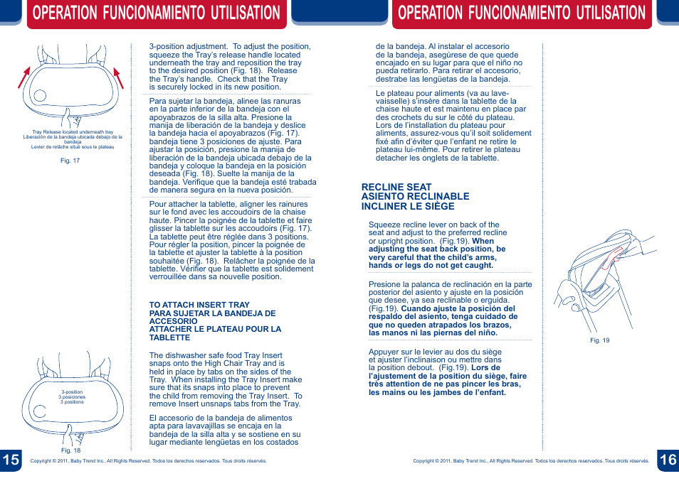 Operation funcionamiento utilisation | BabyTrend HC00956 - TREND HIGH CHAIR - VICTORIA User Manual | Page 9 / 14