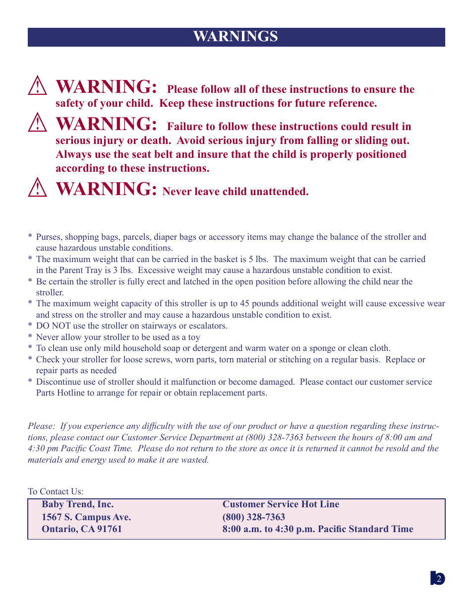 Warning, Warnings | BabyTrend 1963CT - ZANZIBAR TRAVEL SYSTEM User Manual | Page 2 / 10