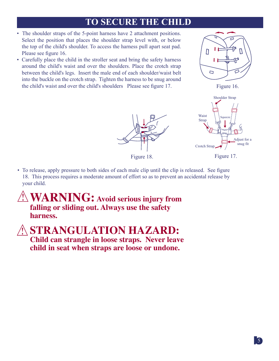 Warning, Strangulation hazard | BabyTrend 1963CT - ZANZIBAR TRAVEL SYSTEM User Manual | Page 5 / 10