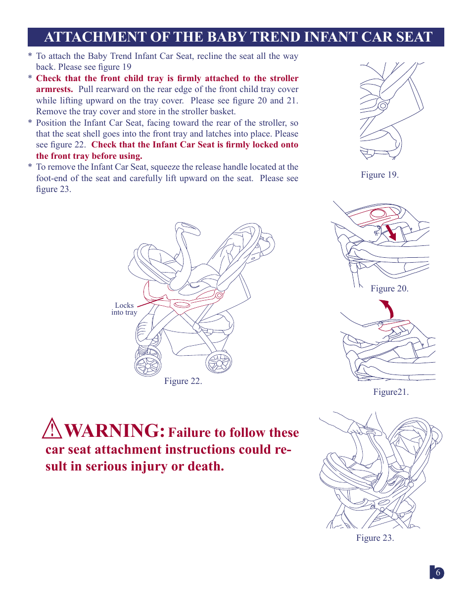 Warning, Attachment of the baby trend infant car seat | BabyTrend 1963CT - ZANZIBAR TRAVEL SYSTEM User Manual | Page 6 / 10