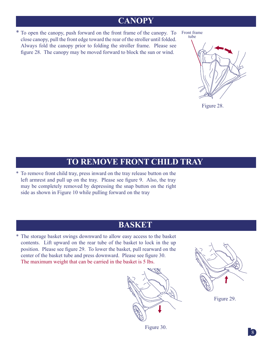 Canopy to remove front child tray, Basket | BabyTrend 1963CT - ZANZIBAR TRAVEL SYSTEM User Manual | Page 8 / 10